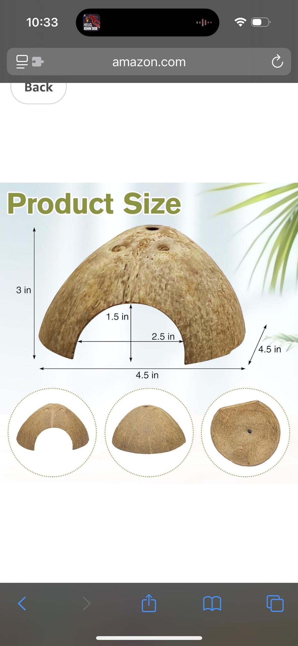 Coconut shell reptile hide size chart showing a natural half coconut cave with entrance opening dimensions and multiple product angle views for reptiles, frogs, shrimp, and small terrarium animals.