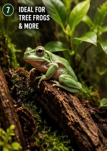 Green tree frog perched on natural cork bark surrounded by tropical plants in a humid bioactive vivarium enclosure