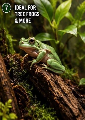 Green tree frog perched on natural cork bark surrounded by tropical plants in a humid bioactive vivarium enclosure