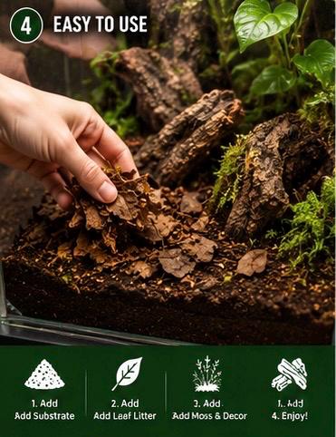 Hand adding leaf litter and cork bark to a tropical frog terrarium, demonstrating how to create a natural bioactive vivarium habitat.