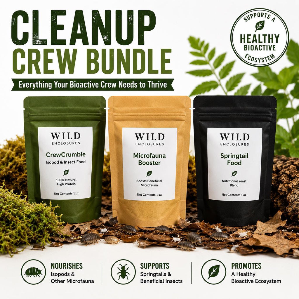 Cleanup Crew Bundle for bioactive terrariums featuring Wild Enclosures CrewCrumble isopod food, Microfauna Booster, and Springtail Food in resealable pouches displayed on leaf litter with live isopods and springtails, designed to support healthy bioactive vivariums and cleanup crews.
