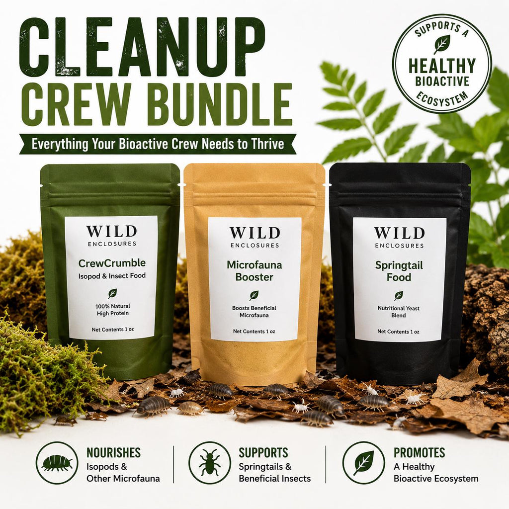 Cleanup Crew Bundle for bioactive terrariums featuring Wild Enclosures CrewCrumble isopod food, Microfauna Booster, and Springtail Food in resealable pouches displayed on leaf litter with live isopods and springtails, designed to support healthy bioactive vivariums and cleanup crews.