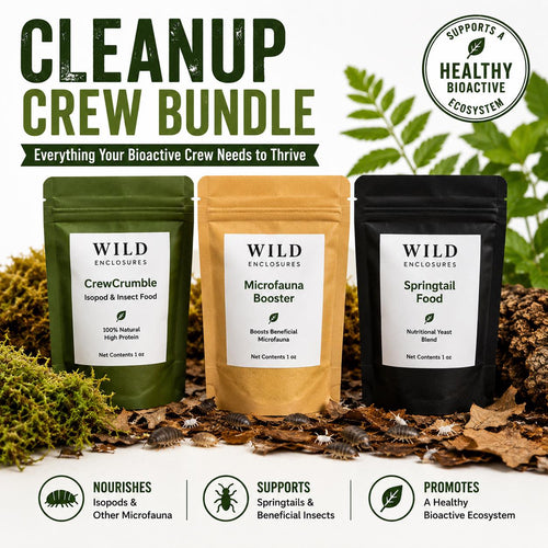 Cleanup Crew Bundle for bioactive terrariums featuring Wild Enclosures CrewCrumble isopod food, Microfauna Booster, and Springtail Food in resealable pouches displayed on leaf litter with live isopods and springtails, designed to support healthy bioactive vivariums and cleanup crews.