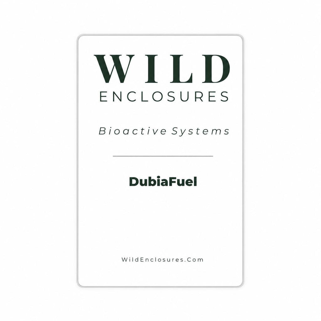 Wild Enclosures DubiaFuel product label featuring the Wild Enclosures logo and Bioactive Systems branding. Label designed for premium feeder insect food packaging.